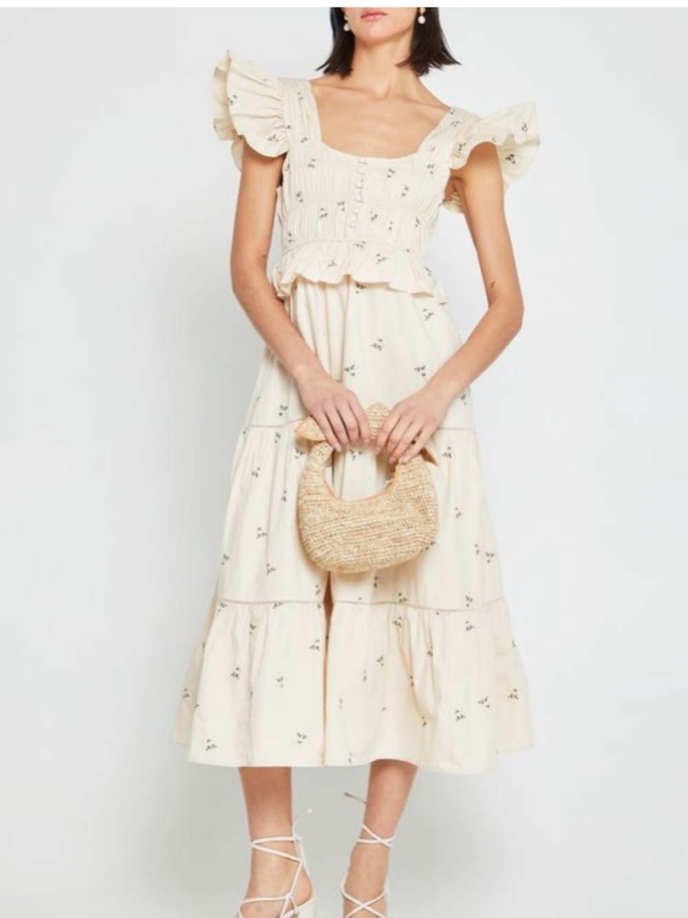 Cream Floral Ruffle Midi Dress - Sleeveless Square Neck